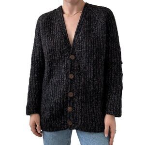 Vintage Womens Hand Knit Black Brown Marled 100% Wool Ribbed Chunky Cardigan